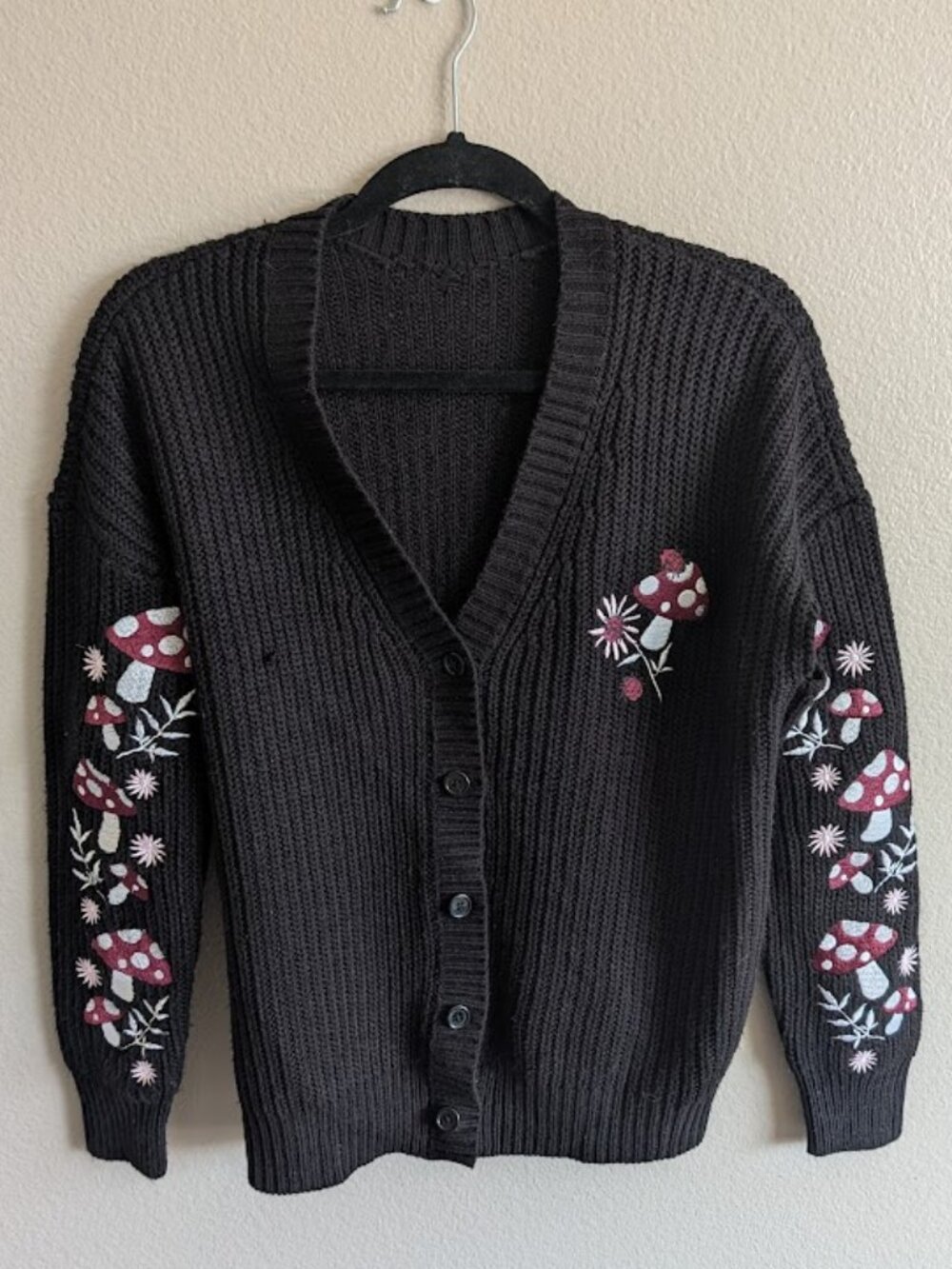 Thorn & Fable Mushroom Cardigan Black Chunky Knit Embroidered Fairycore Sweater
